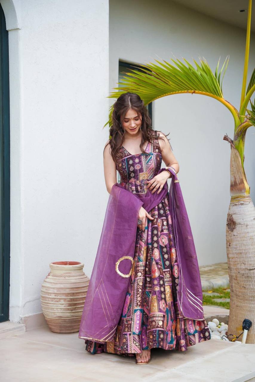 Purple Digital Printed Anarkali Gown With Organza Dupatta