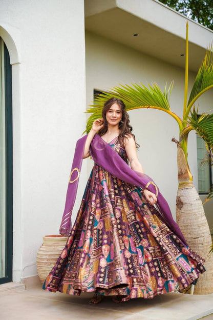 Purple Digital Printed Anarkali Gown With Organza Dupatta