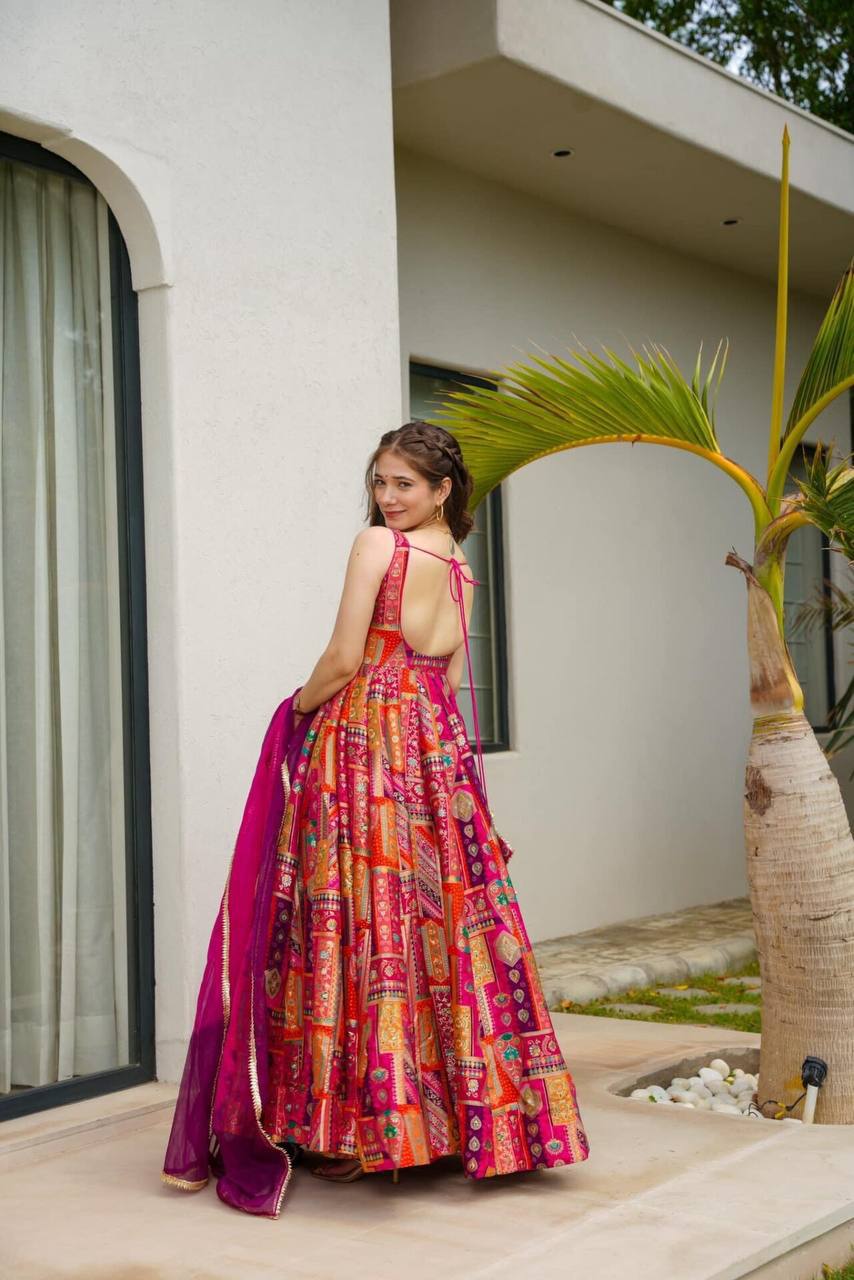 Silky Red Anarkali Printed Gown With Dupatta