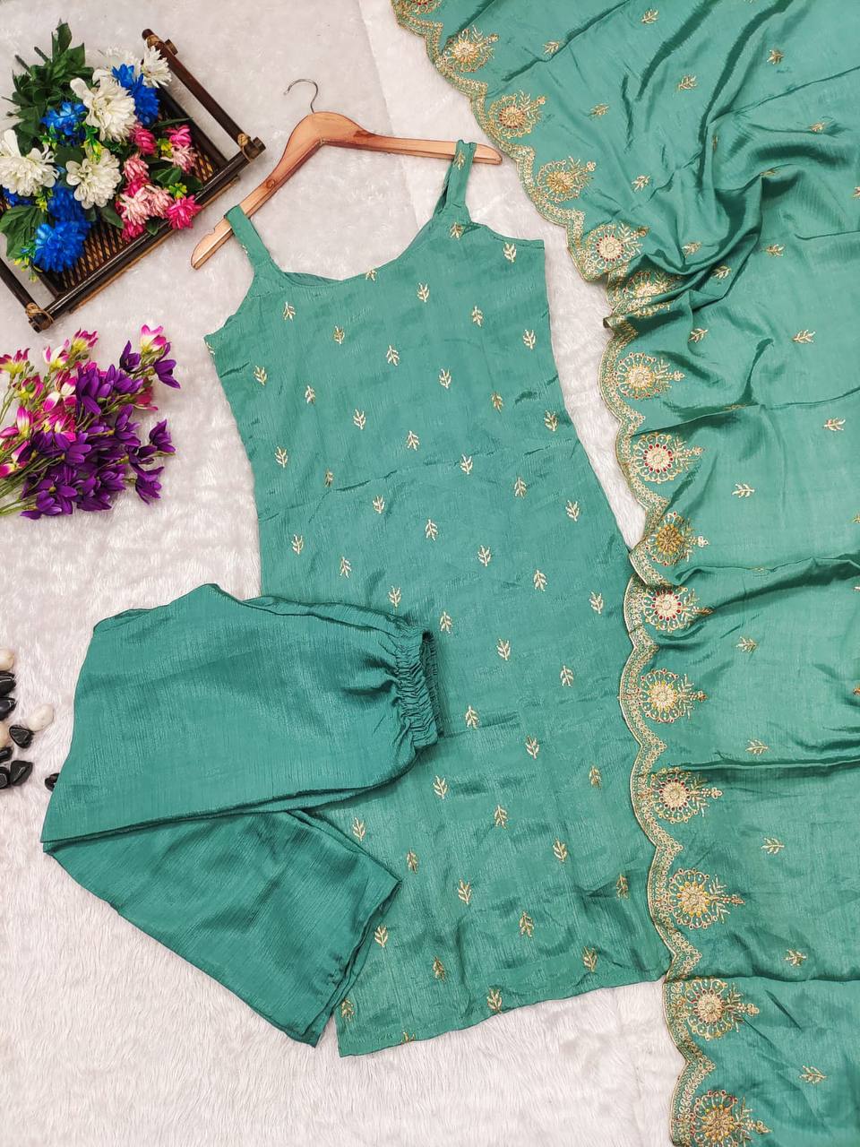 Artful Peacock Green Color Chinnon Silk Embroidery Salwar Suit