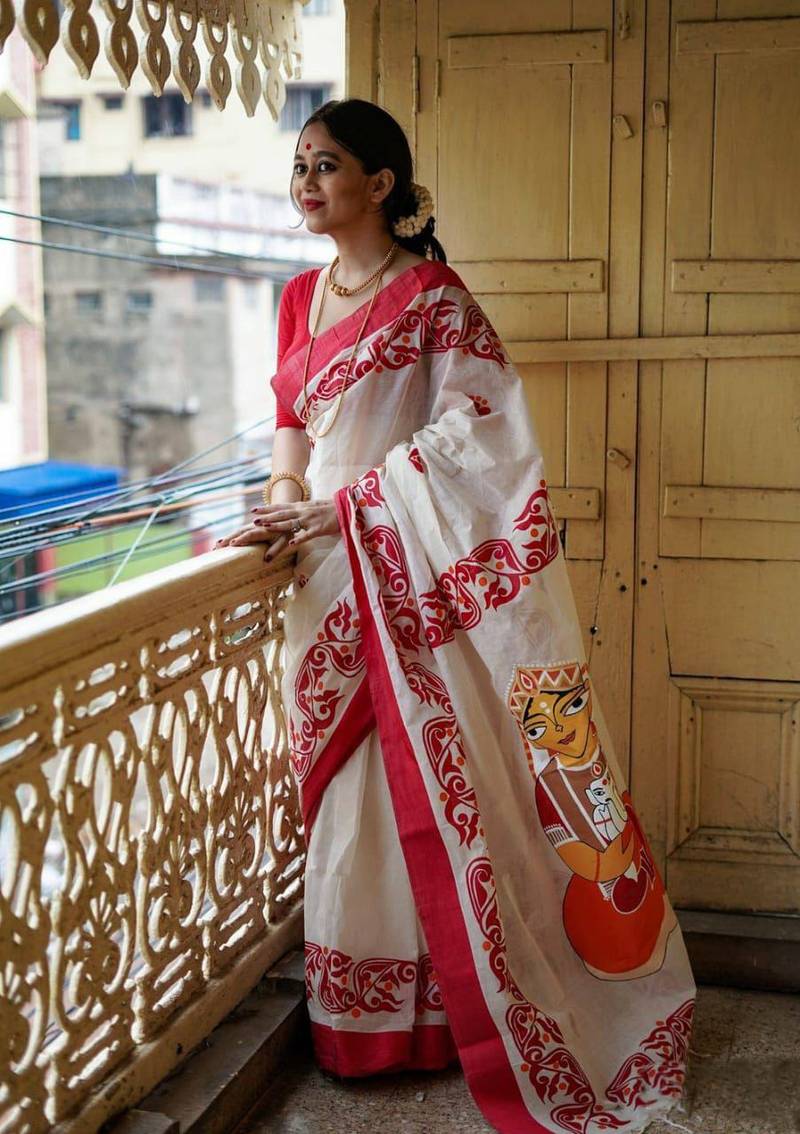 Dussehra Special Red Devi Plain Linen Digital Print Saree