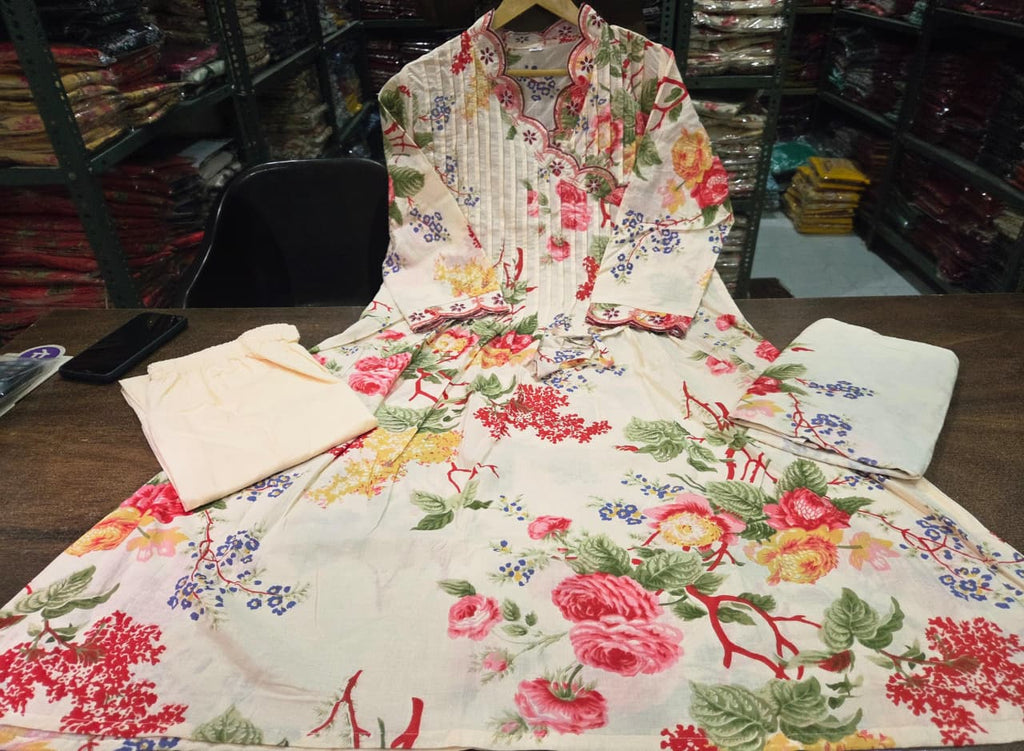 Pure Cotton embroidery print kurti with pant and mulmul printed dupatta