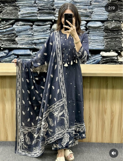 A-line kurti pant dupatta set with sanganeri print