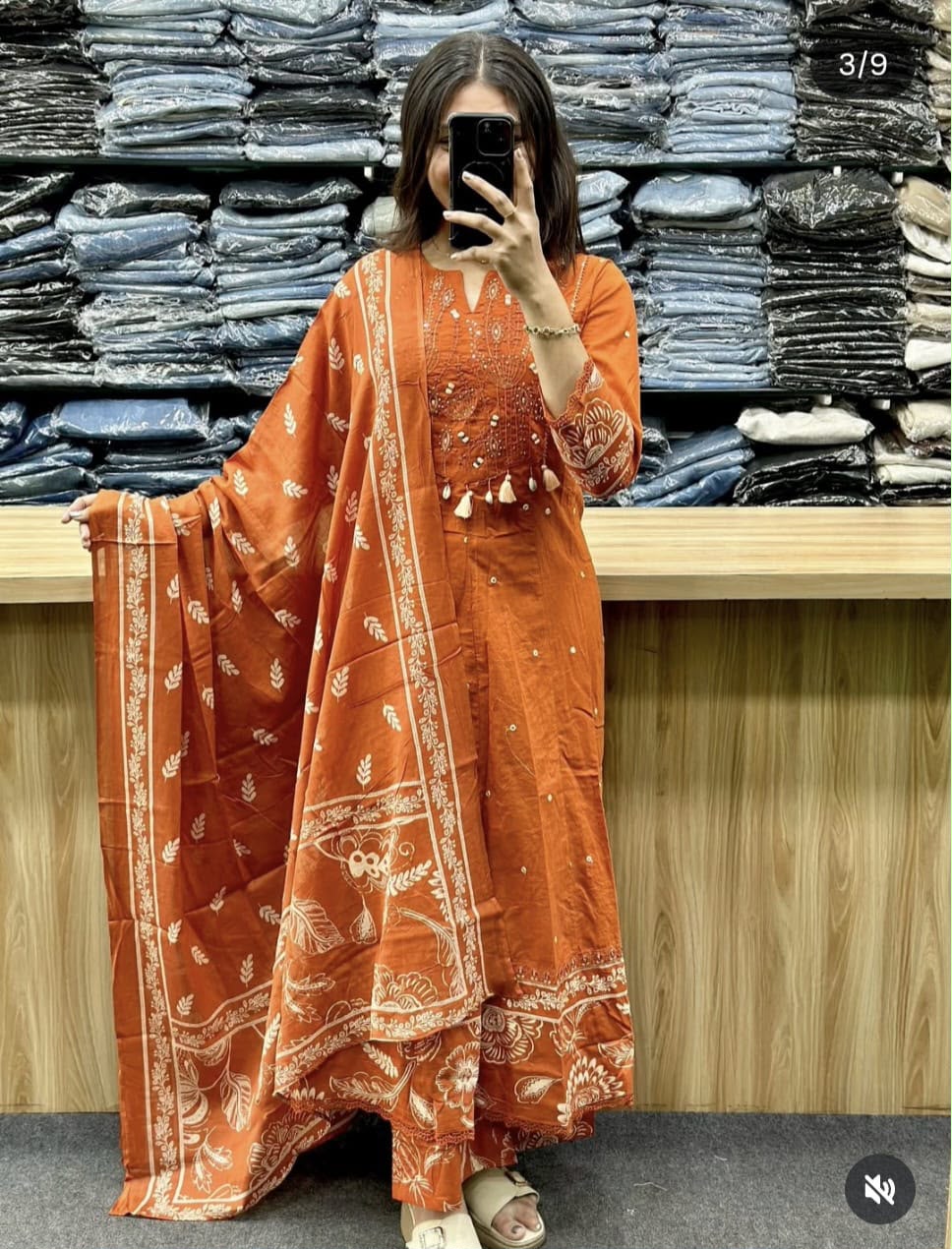 A-line kurti pant dupatta set with sanganeri print
