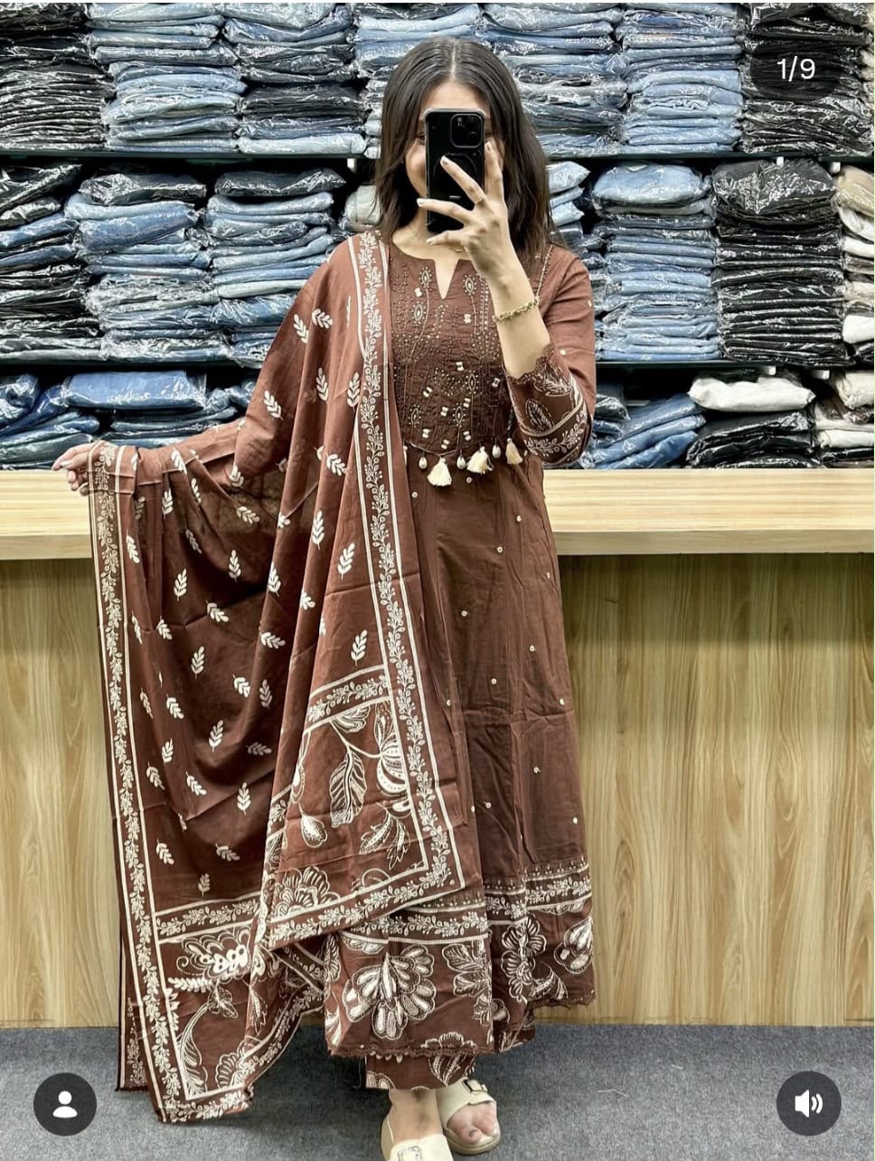 A-line kurti pant dupatta set with sanganeri print
