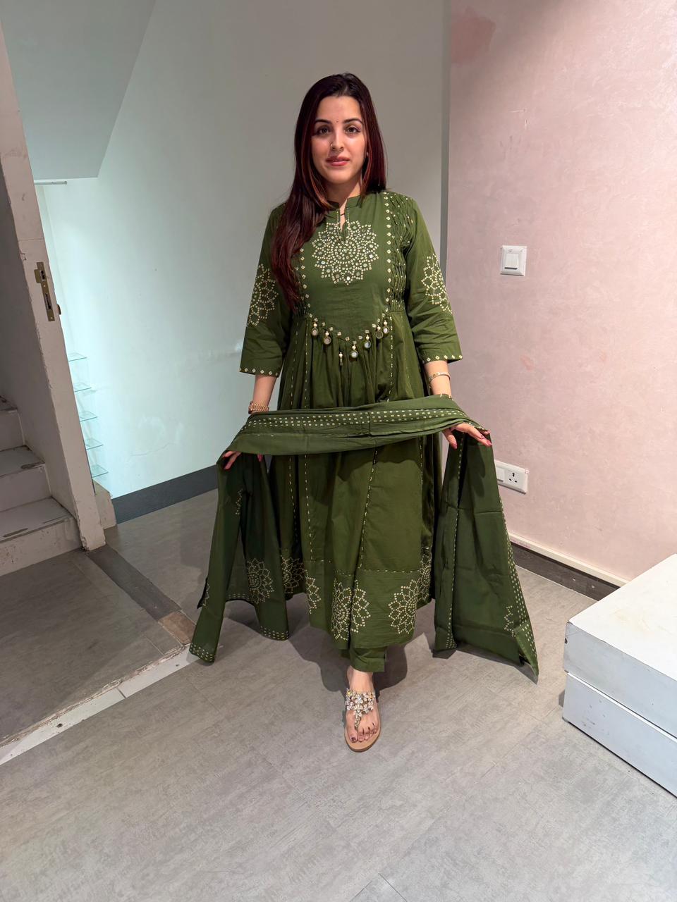 New discharge print kurti pant dupatta set
