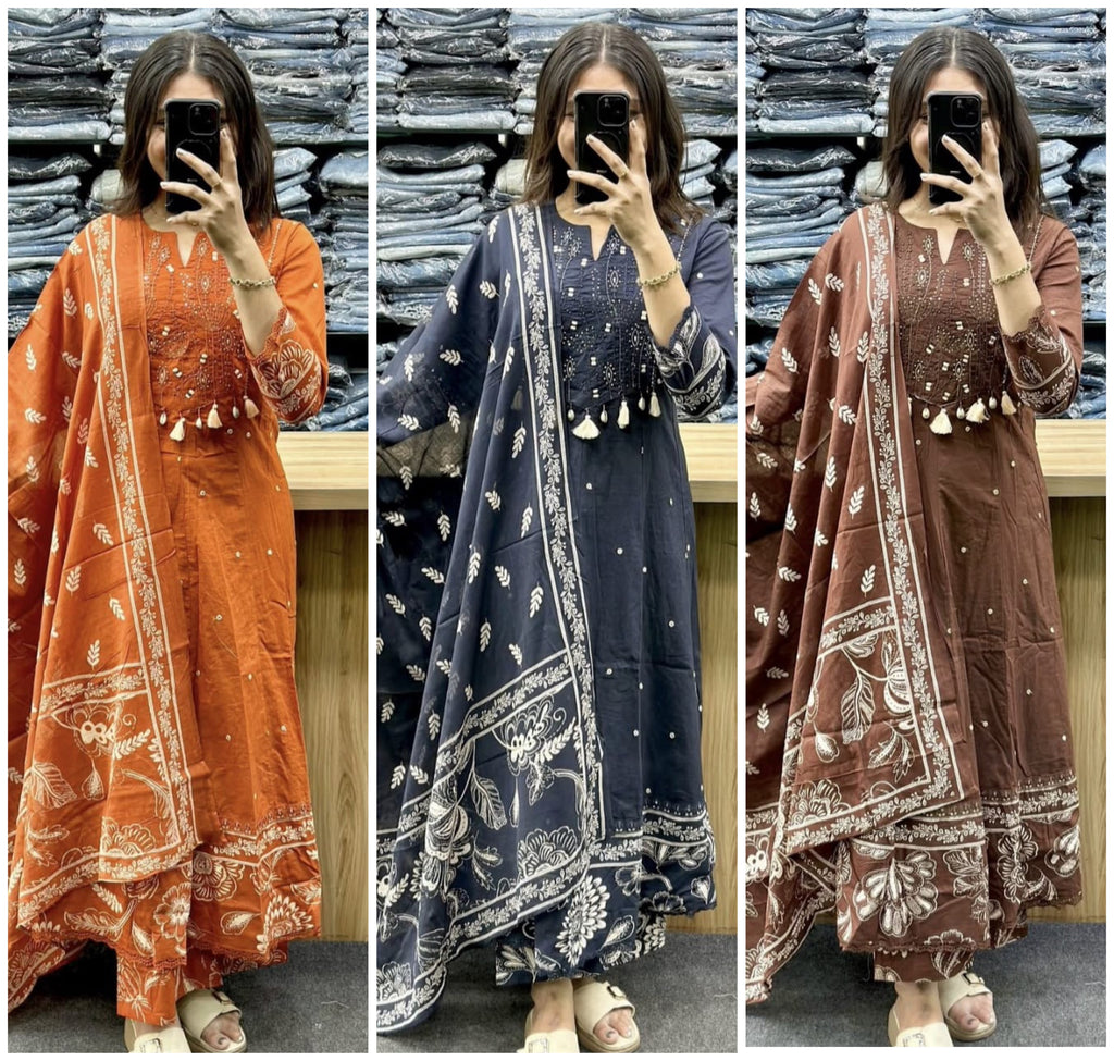 A-line kurti pant dupatta set with sanganeri print
