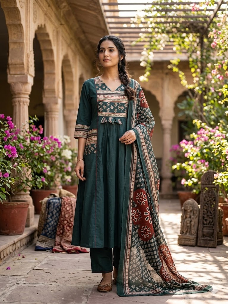 straight  A line kurta both side pocket set with pant dupatta