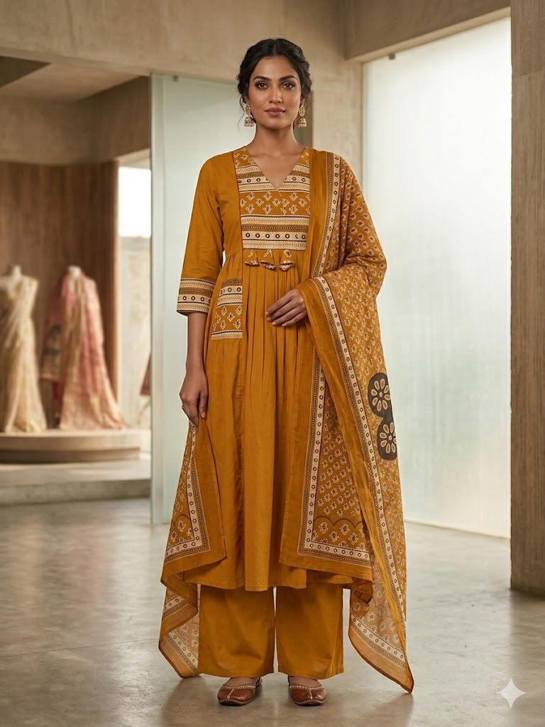straight  A line kurta both side pocket set with pant dupatta